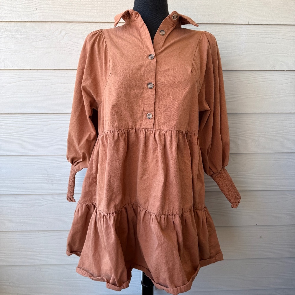 Aaron & Amber Rust Tiered Mini Dress | Size Small | Button Down | Casual Boho‎